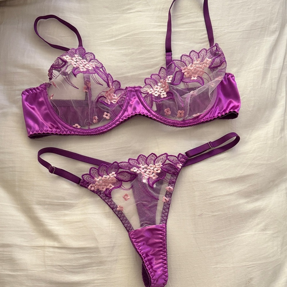 Purple Floral Embroidered Sheer Lingerie Set - Women Intimates
